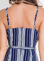 Fashion Striped Spaghetti Strap Sleeveless V Neck Waist Tie Slit Dress