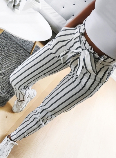 Fashion Casual Sweet Striped Waist Tie Pencil Pants With Pockets