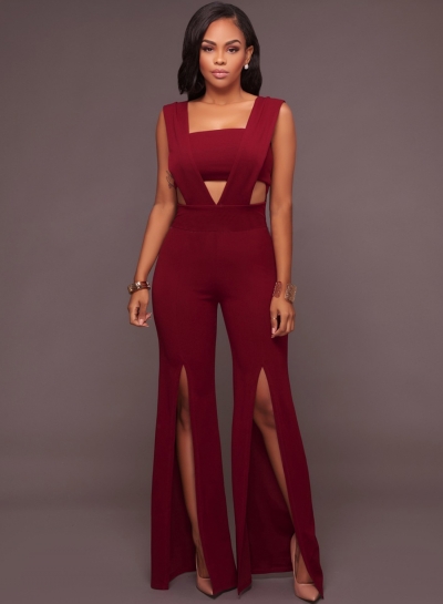 Fashion Solid Sleeveless V Neck High Waist High Slit Jumpsuit With Zip LEXELFASHIONINTSHOPS.com