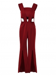 Fashion Solid Sleeveless V Neck High Waist High Slit Jumpsuit With Zip