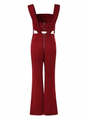 Fashion Solid Sleeveless V Neck High Waist High Slit Jumpsuit With Zip