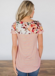 Summer Casual Loose Floral Printed Striped Round NeckTee With Pockets