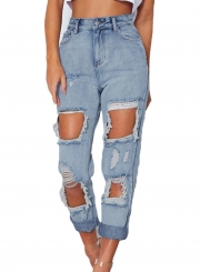 Casual Solid Retro Wash Destroyed Zipper Fly Jeans With Pockets