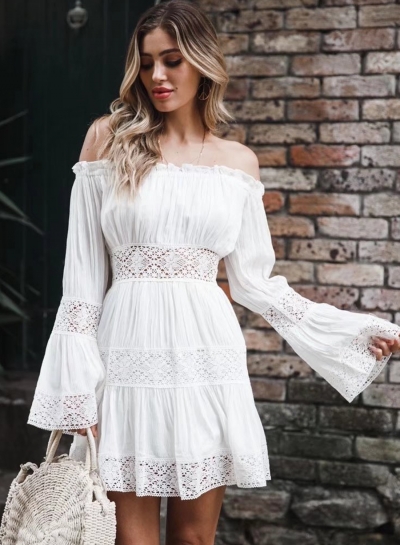 Fashion Sweet Solid Lace Slash Neck Long Flare Sleeve Hollow Out Dress YOUYOUFASHIONEC.com