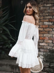 Fashion Sweet Solid Lace Slash Neck Long Flare Sleeve Hollow Out Dress