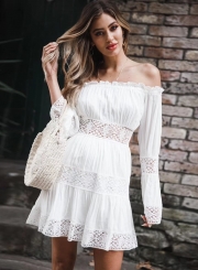 Fashion Sweet Solid Lace Slash Neck Long Flare Sleeve Hollow Out Dress