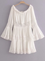 Fashion Sweet Solid Lace Slash Neck Long Flare Sleeve Hollow Out Dress