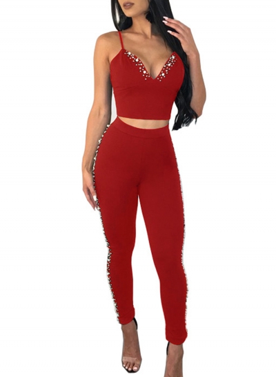 Sexy Solid Pearl Strappy V Neck Zip Crop Top With High Waist Pencil Pants YOUYOUFASHIONEC.com