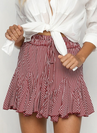 Summer Fashion Sweet Striped High Waist Bubble Skirt With Drawstring STYLESIMO.com
