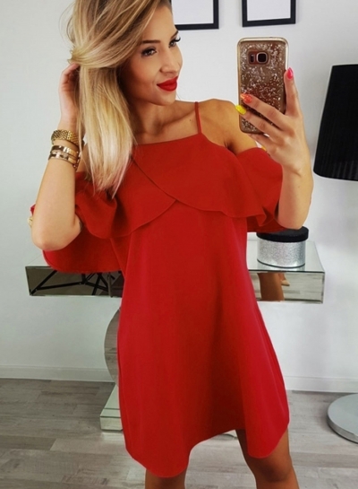 Fashion Sexy Loose Solid Strappy Off The Shoulder Ruffle Neckline Dress YOUYOUFASHIONEC.com