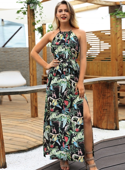 Fashion Boho Floral Printed Halter Backless Waist Tie Slit Maxi Dress YOUYOUFASHIONEC.com