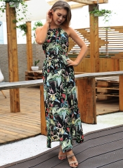 Fashion Boho Floral Printed Halter Backless Waist Tie Slit Maxi Dress