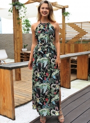 Fashion Boho Floral Printed Halter Backless Waist Tie Slit Maxi Dress