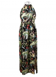 Fashion Boho Floral Printed Halter Backless Waist Tie Slit Maxi Dress