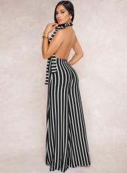 Fashion Striped High Neck Lace-Up High Waist Straight Wide Leg Jumpsuit