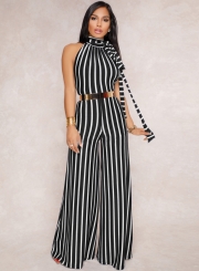 Fashion Striped High Neck Lace-Up High Waist Straight Wide Leg Jumpsuit