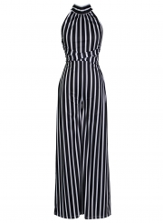 Fashion Striped High Neck Lace-Up High Waist Straight Wide Leg Jumpsuit