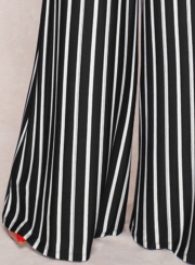 Fashion Striped High Neck Lace-Up High Waist Straight Wide Leg Jumpsuit