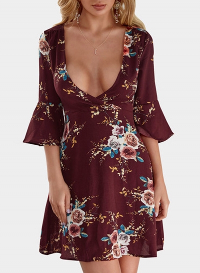 Fashion Sexy Floral Printed Flare Sleeve V Neck High Waist Midi Dress LEXELFASHIONINTSHOPS.com