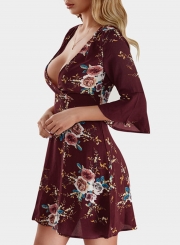 Fashion Sexy Floral Printed Flare Sleeve V Neck High Waist Midi Dress