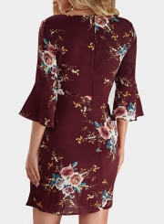 Fashion Sexy Floral Printed Flare Sleeve V Neck High Waist Midi Dress