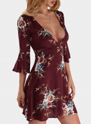 Fashion Sexy Floral Printed Flare Sleeve V Neck High Waist Midi Dress