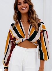 Fashion Sexy Striped Long Sleeve V Neck Front Knot Crop Top