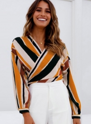 Fashion Sexy Striped Long Sleeve V Neck Front Knot Crop Top