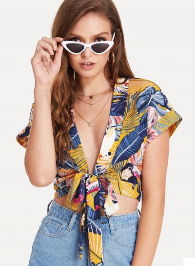 Summer Sexy Floral Printed Short Sleeve V Neck Front Knot Crop Top