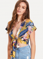 Summer Sexy Floral Printed Short Sleeve V Neck Front Knot Crop Top