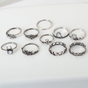 Fashion Vintage Engraving Flower Gem Hollow Out Alloy 10 Piece Rings