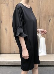 Fashion Casual Loose Solid Shir Flounce Sleeve Round Neck Chiffon Dress