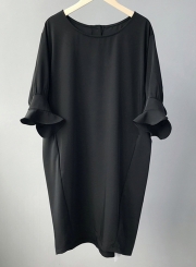 Fashion Casual Loose Solid Shir Flounce Sleeve Round Neck Chiffon Dress