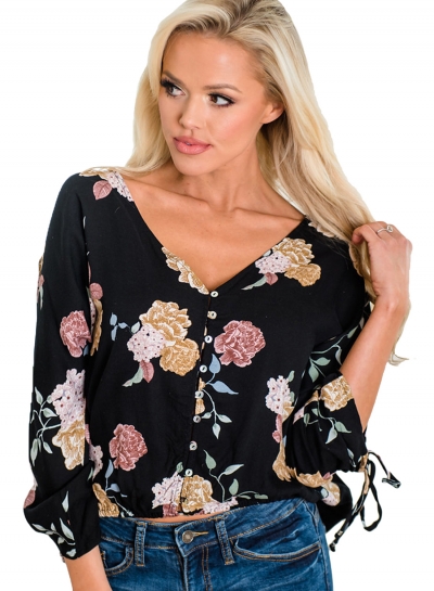 Casual Floral Printed Long Sleeve Lace-Up V Neck Button Down Shirt