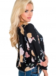Casual Floral Printed Long Sleeve Lace-Up V Neck Button Down Shirt