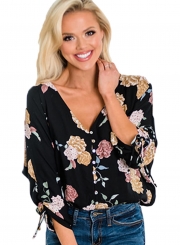 Casual Floral Printed Long Sleeve Lace-Up V Neck Button Down Shirt