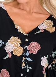 Casual Floral Printed Long Sleeve Lace-Up V Neck Button Down Shirt