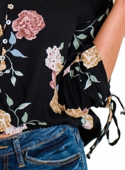 Casual Floral Printed Long Sleeve Lace-Up V Neck Button Down Shirt