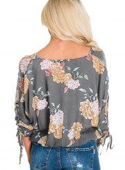 Casual Loose Floral Printed Long Sleeve Lace-Up V Neck Button Down Shirt