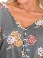 Casual Loose Floral Printed Long Sleeve Lace-Up V Neck Button Down Shirt