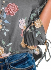 Casual Loose Floral Printed Long Sleeve Lace-Up V Neck Button Down Shirt