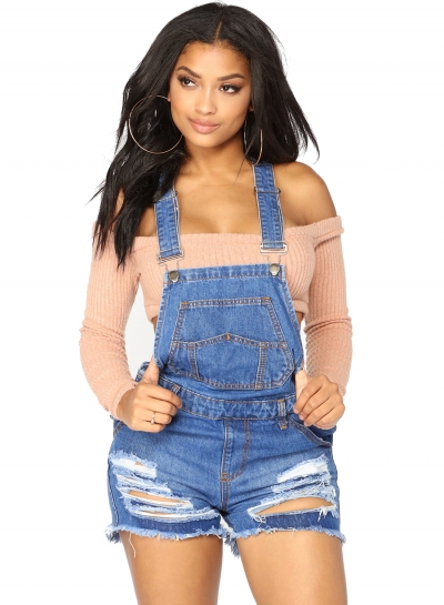 Casual Solid Slim Burrs Hem Ripped Denim Short Overall With Pockets