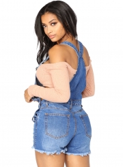 Casual Solid Slim Burrs Hem Ripped Denim Short Overall With Pockets