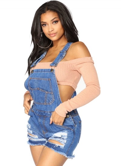 Casual Solid Slim Burrs Hem Ripped Denim Short Overall With Pockets stylesimo.com