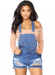 Casual Solid Slim Burrs Hem Ripped Denim Short Overall With Pockets