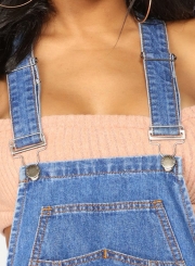 Casual Solid Slim Burrs Hem Ripped Denim Short Overall With Pockets