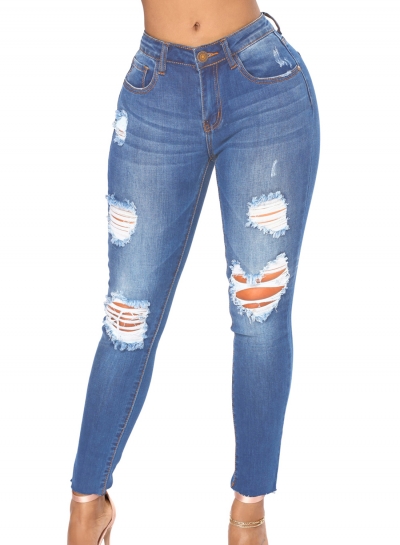 Wash Ripped Zipper Fly Pencil Jeans With Pockets
