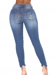 Wash Ripped Zipper Fly Pencil Jeans With Pockets