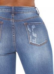 Wash Ripped Zipper Fly Pencil Jeans With Pockets