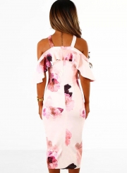 Fashion Slim Floral Printed Short Sleeve Off The Shoulder Dress
